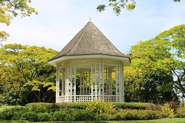 white gazebo surrounded by greenery